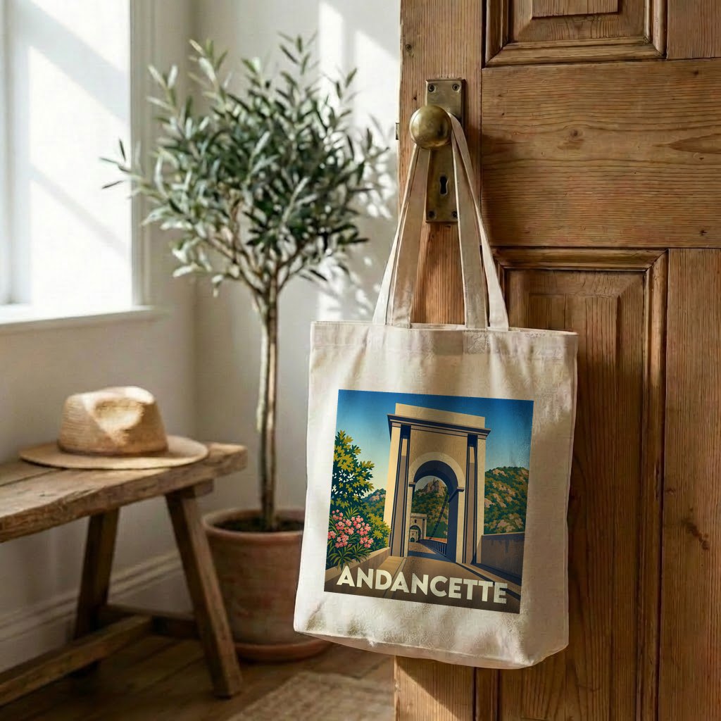 Tote bag souvenir de la ville de Andancette avec une illustration stylisée.