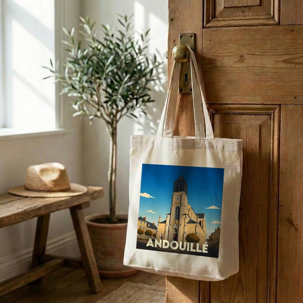 Tote bag souvenir de la ville d'Andouillé avec une illustration stylisée d'église.