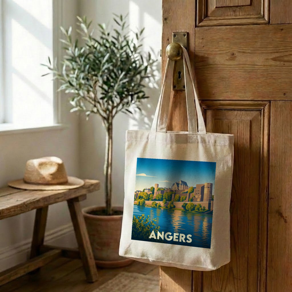 Tote bag souvenir de la ville d'Angers avec une illustration stylisée du château et de la Maine.