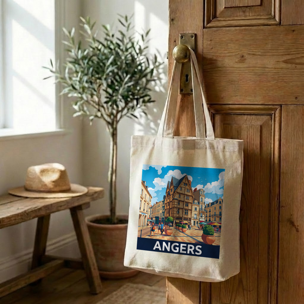 Tote bag souvenir de la ville d'Angers avec une illustration stylisée de son architecture historique.