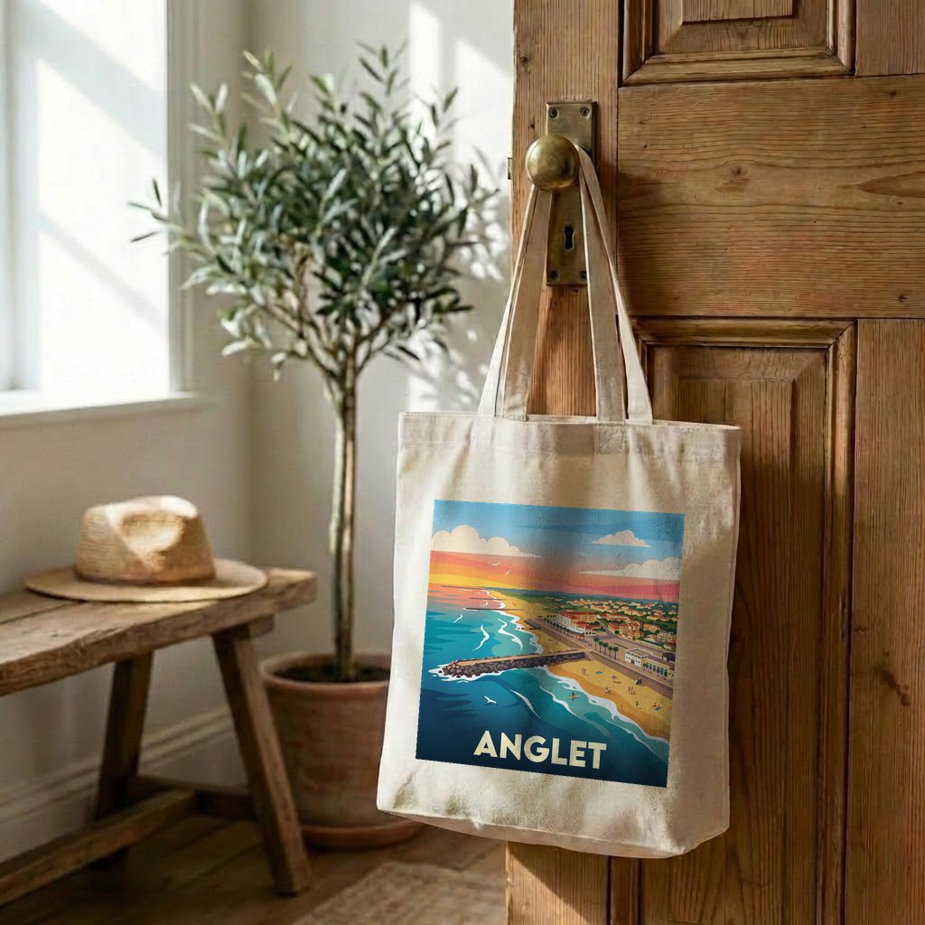 Tote bag souvenir de la ville d'Anglet avec une illustration stylisée de son littoral.