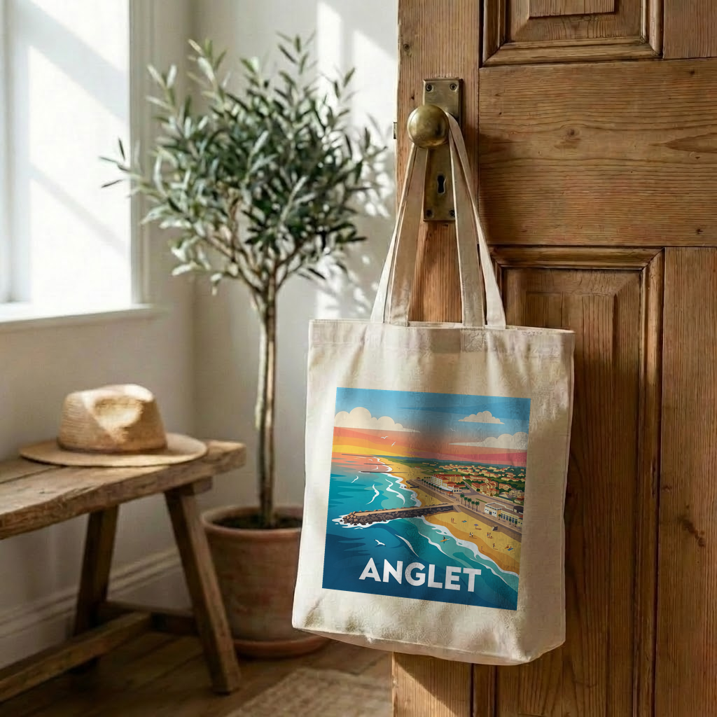 Tote bag souvenir de la ville d'Anglet avec une illustration stylisée de son littoral.