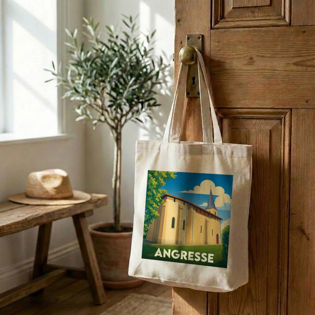 Tote bag souvenir de la ville d'Angresse avec une illustration stylisée de son église.