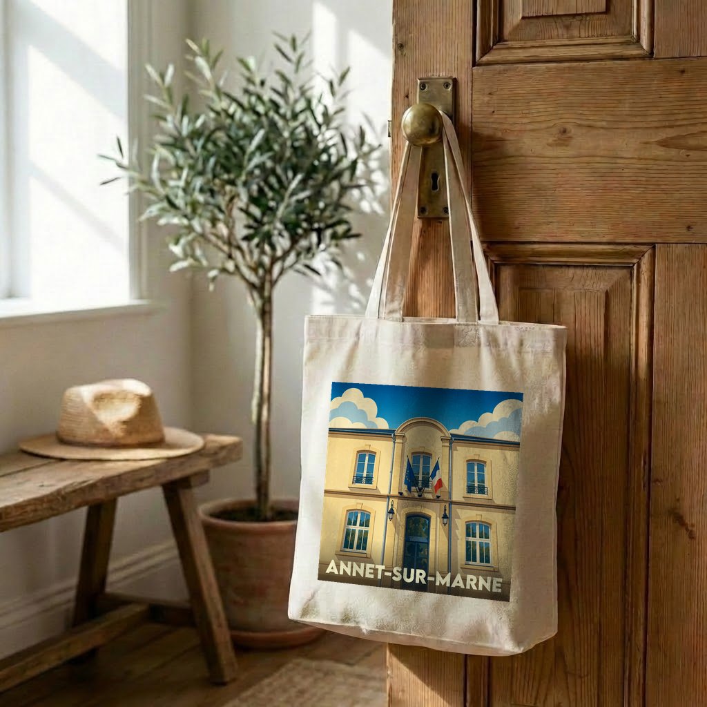 Tote bag souvenir de la ville d'Annet-sur-Marne illustré d'un bâtiment historique sous un ciel bleu.