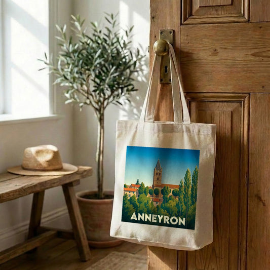 Tote bag souvenir de la ville d'Anneyron avec une illustration stylisée d'un paysage urbain.