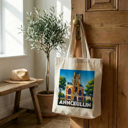 Tote bag souvenir de la ville d'Annœullin avec une illustration stylisée de son hôtel de ville.