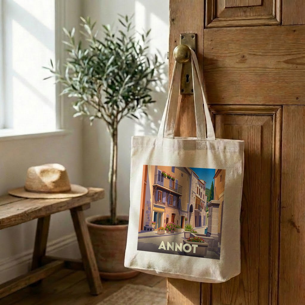 Sac cabas en toile souvenir de la ville d'Annot avec une illustration stylisée d'une rue pittoresque.
