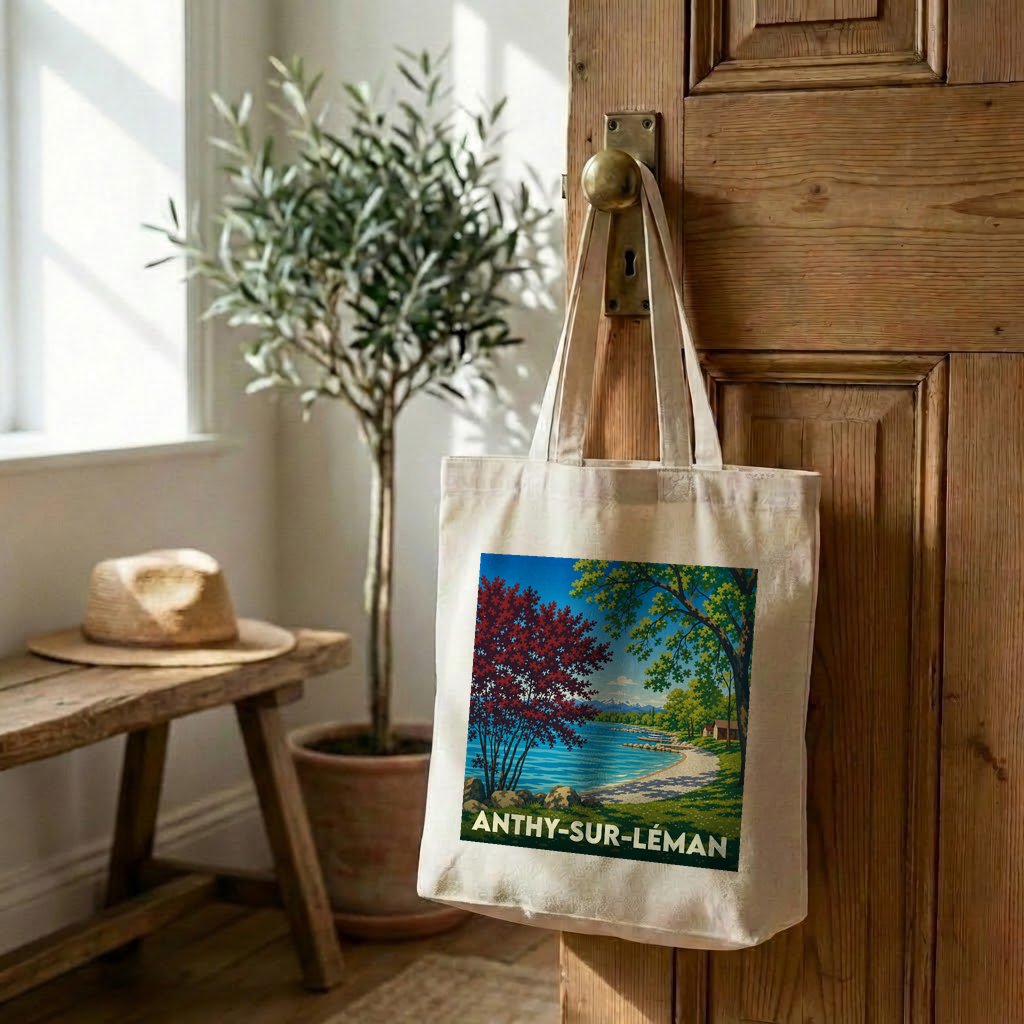 Tote bag souvenir de la ville de Anthy-sur-Léman avec une illustration de bord de lac.