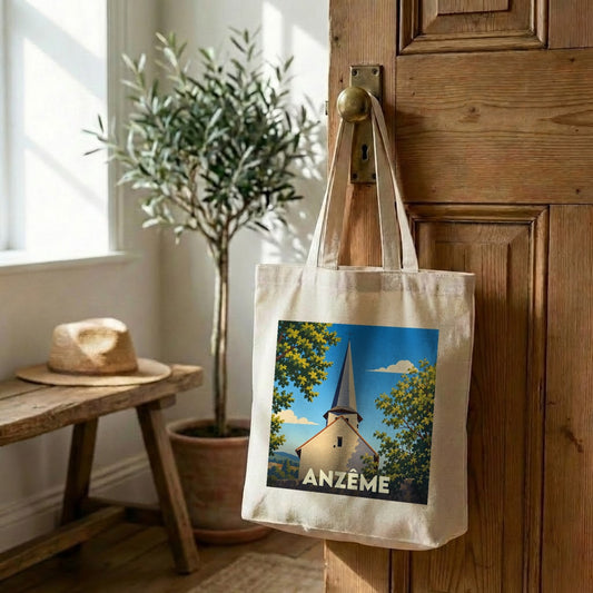 Tote bag souvenir de la ville d'Anzême illustré d'une vue stylisée de son église.