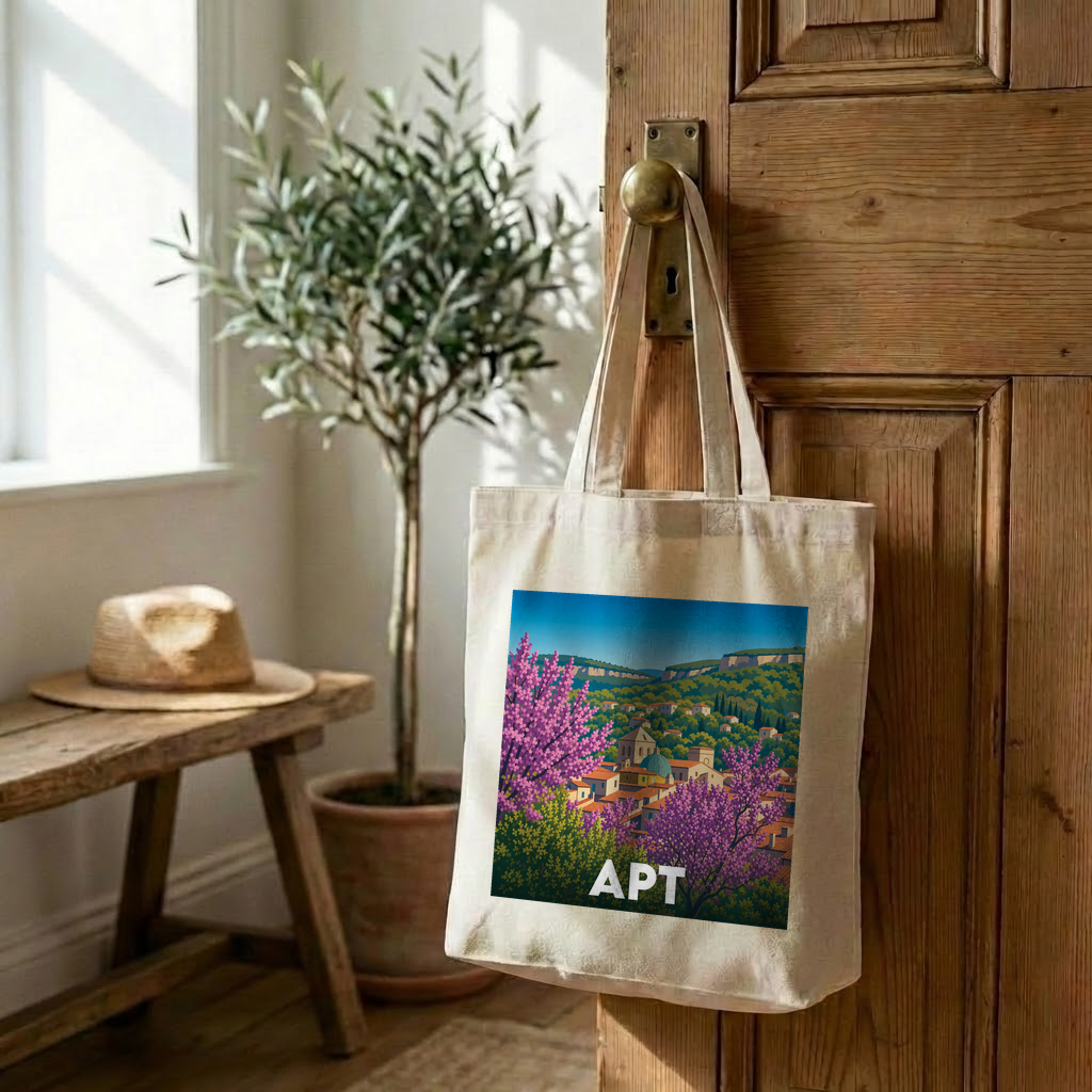Tote bag souvenir de la ville de Apt avec une illustration colorée et stylisée.