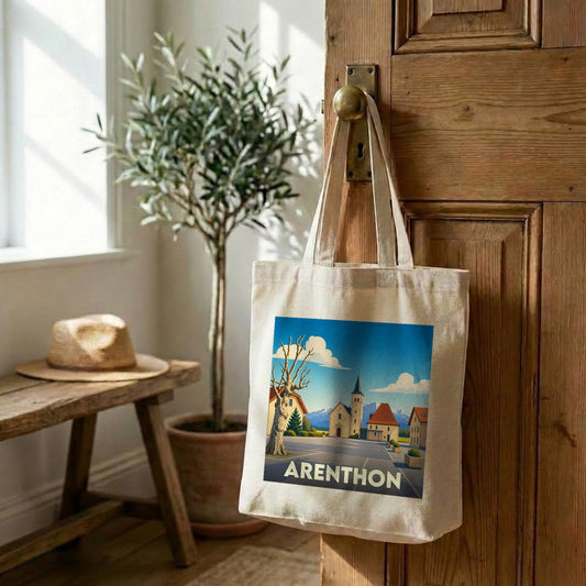 Sac cabas souvenir de la ville de Arenthon avec une illustration stylisée d'un paysage urbain.