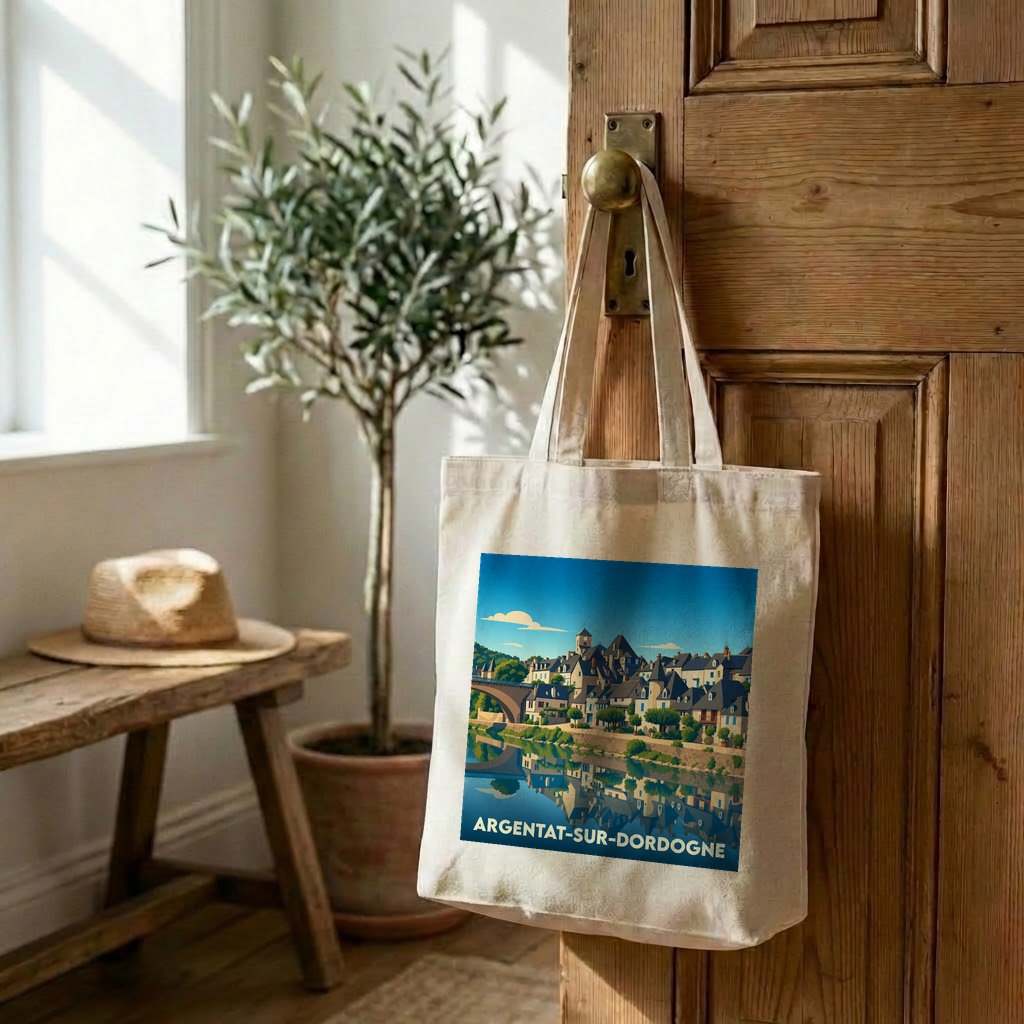 Tote bag souvenir de la ville d'Argentat-sur-Dordogne avec une illustration stylisée des quais et de la rivière.