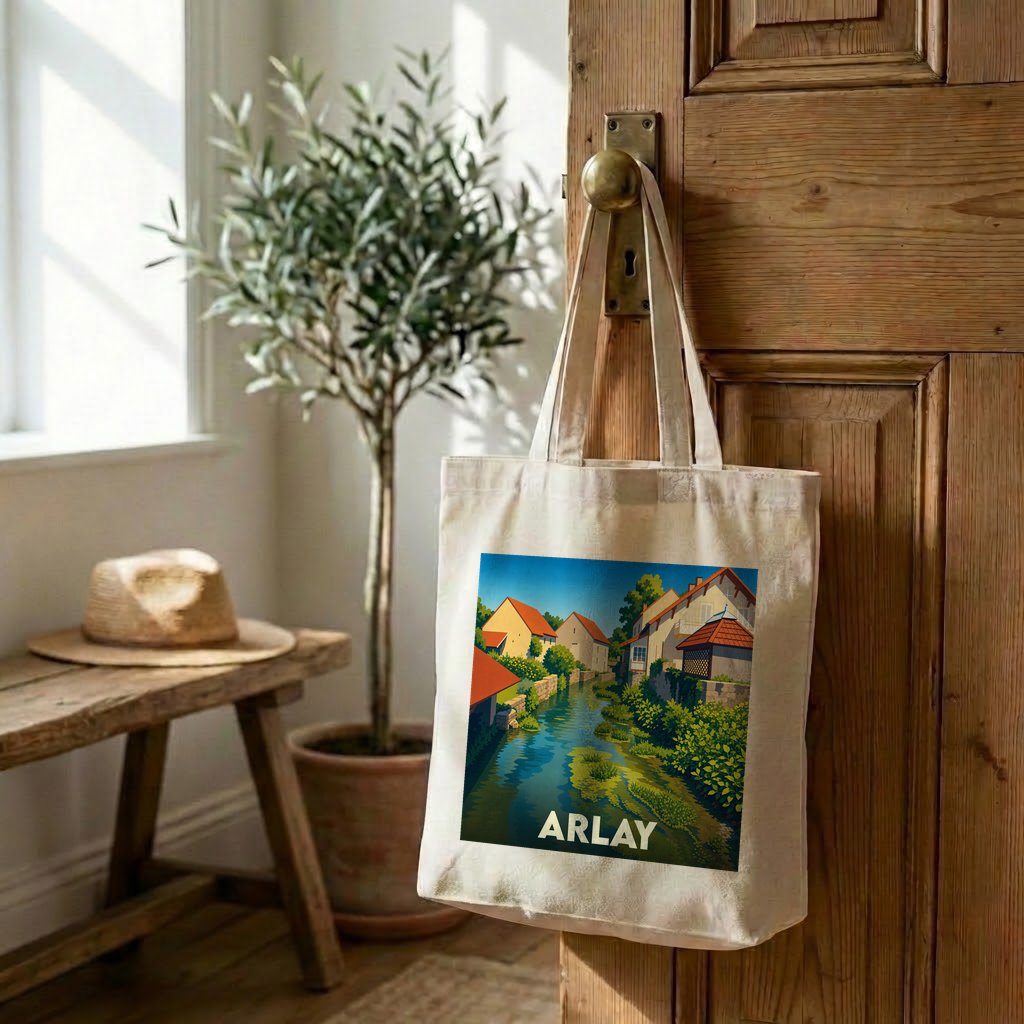 Tote bag souvenir de la ville d'Arlay avec une illustration colorée et stylisée d'un canal bordé de maisons.