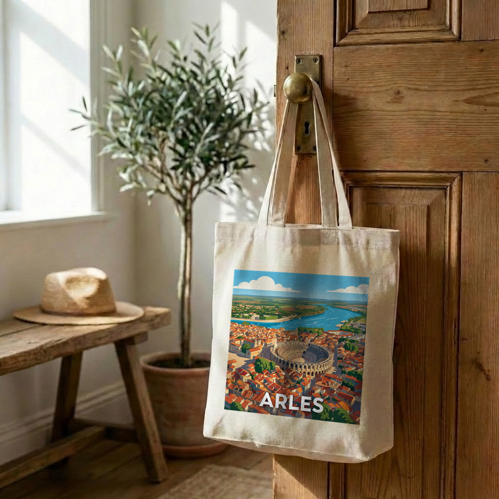 Tote bag souvenir de la ville d'Arles avec une illustration stylisée de son amphithéâtre romain.