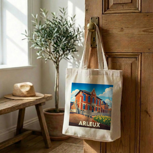 Tote bag souvenir de la ville d'Arleux avec une illustration colorée de son hôtel de ville.
