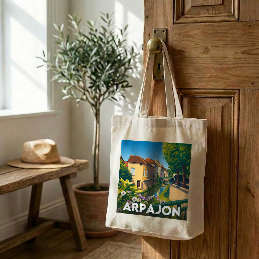 Tote bag souvenir de la ville d'Arpajon avec une illustration stylisée.