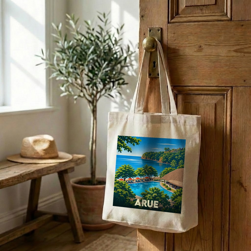Tote bag souvenir de la ville d'Arue avec une illustration de paysage tropical stylisée.
