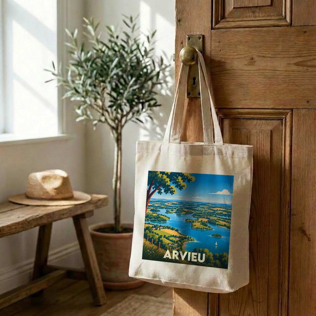 Tote bag souvenir de la ville d'Arvieu avec une illustration paysagère stylisée.