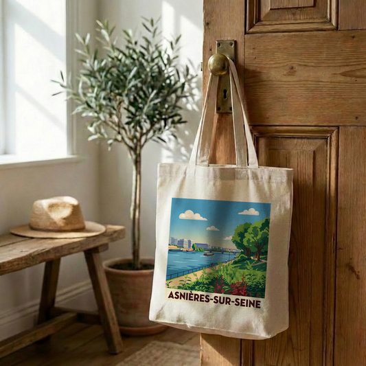 Tote bag souvenir de la ville d'Asnières-sur-Seine avec une illustration stylisée des bords de Seine.