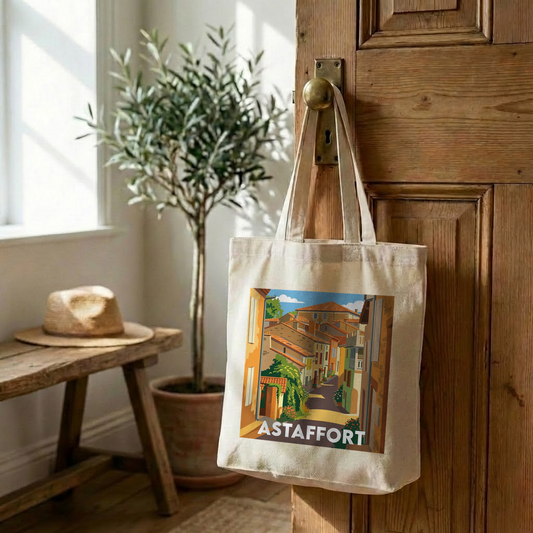 Tote bag souvenir de la ville d'Astaffort avec une illustration stylisée.