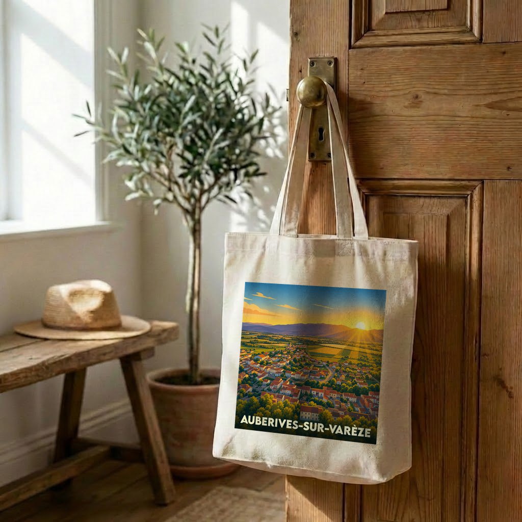 Tote bag souvenir de la ville d’Auberives-sur-Varèze avec une illustration stylisée d'un coucher de soleil sur le village.