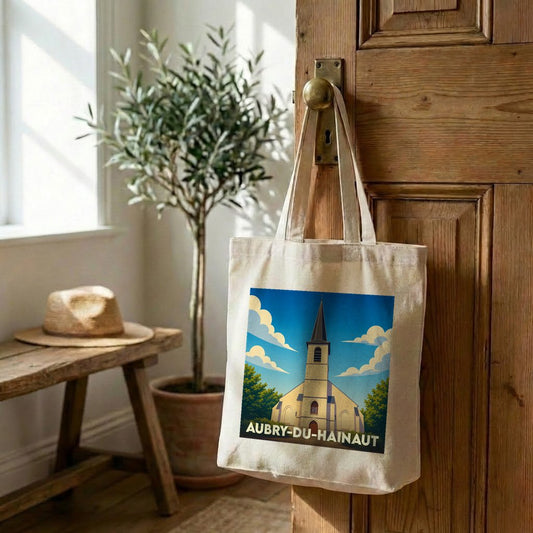 Sac cabas souvenir de la ville d'Aubry-du-Hainaut avec une illustration stylisée de son église.
