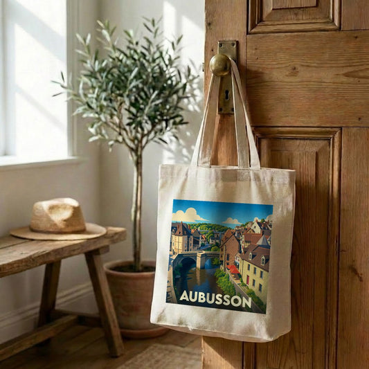 Tote bag souvenir de la ville d'Aubusson avec une illustration stylisée d'un pont et de maisons anciennes.