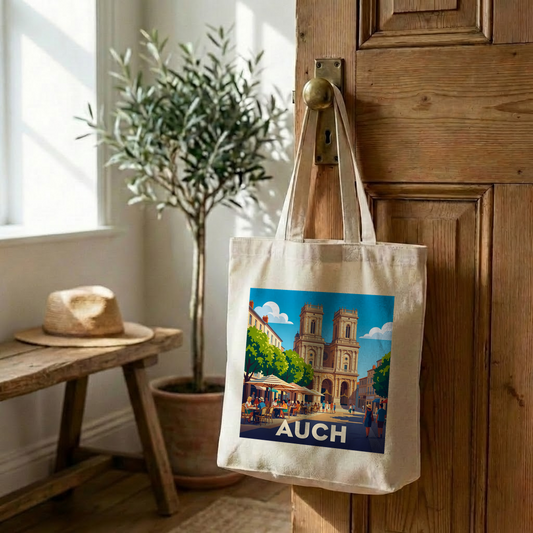 Tote bag souvenir de la ville d'Auch avec une illustration stylisée de sa cathédrale et d'une terrasse de café.