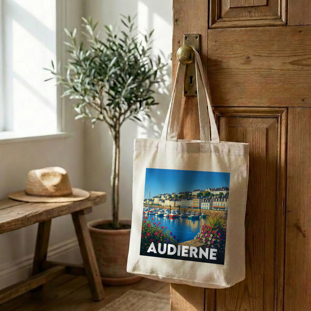 Tote bag souvenir de la ville d'Audierne avec une illustration stylisée de son port.