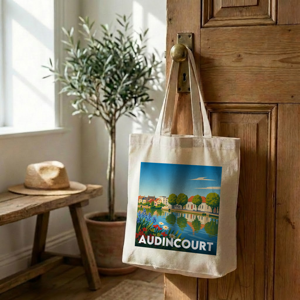 Tote bag souvenir de la ville d'Audincourt avec une illustration stylisée.