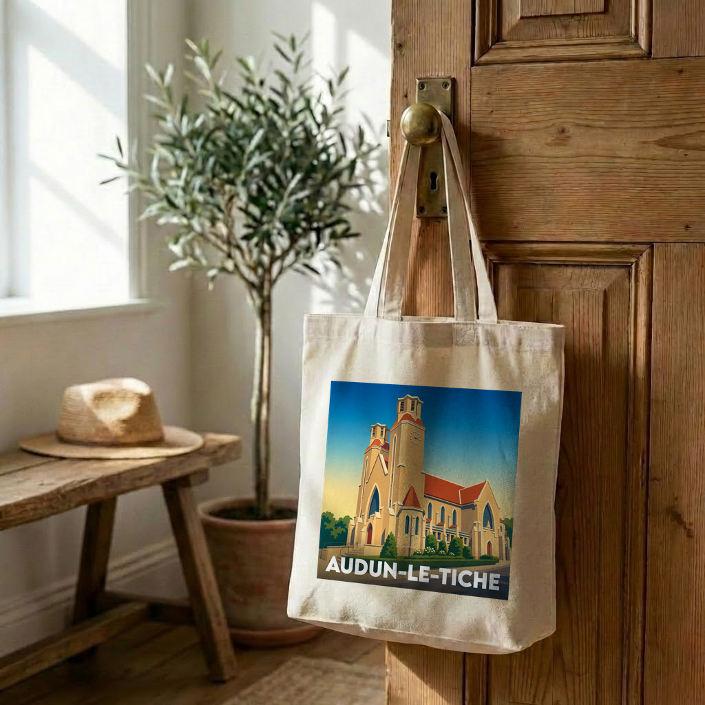 Tote bag souvenir de la ville de Audun-le-Tiche avec une illustration stylisée de son église.