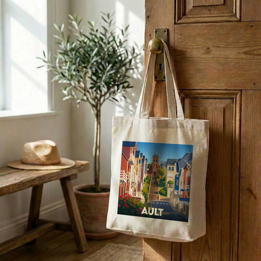 Tote bag souvenir de la ville d'Ault orné d'une illustration stylisée de ses rues colorées.