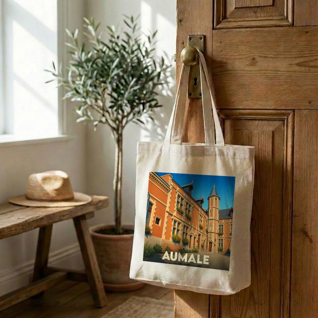 Tote bag souvenir de la ville d'Aumale avec une illustration stylisée.
