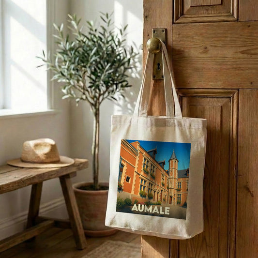 Tote bag souvenir de la ville d'Aumale avec une illustration stylisée.