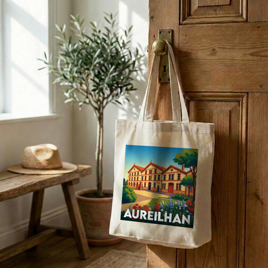 Tote bag souvenir de la ville d'Aureilhan avec une illustration stylisée.