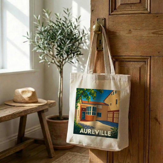 Tote bag souvenir de la ville d’Aureville avec une illustration stylisée.