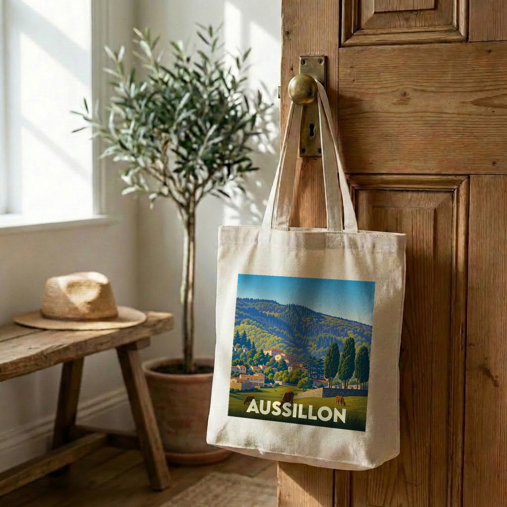 Tote bag souvenir de la ville d'Aussillon avec une illustration de paysage colorée.