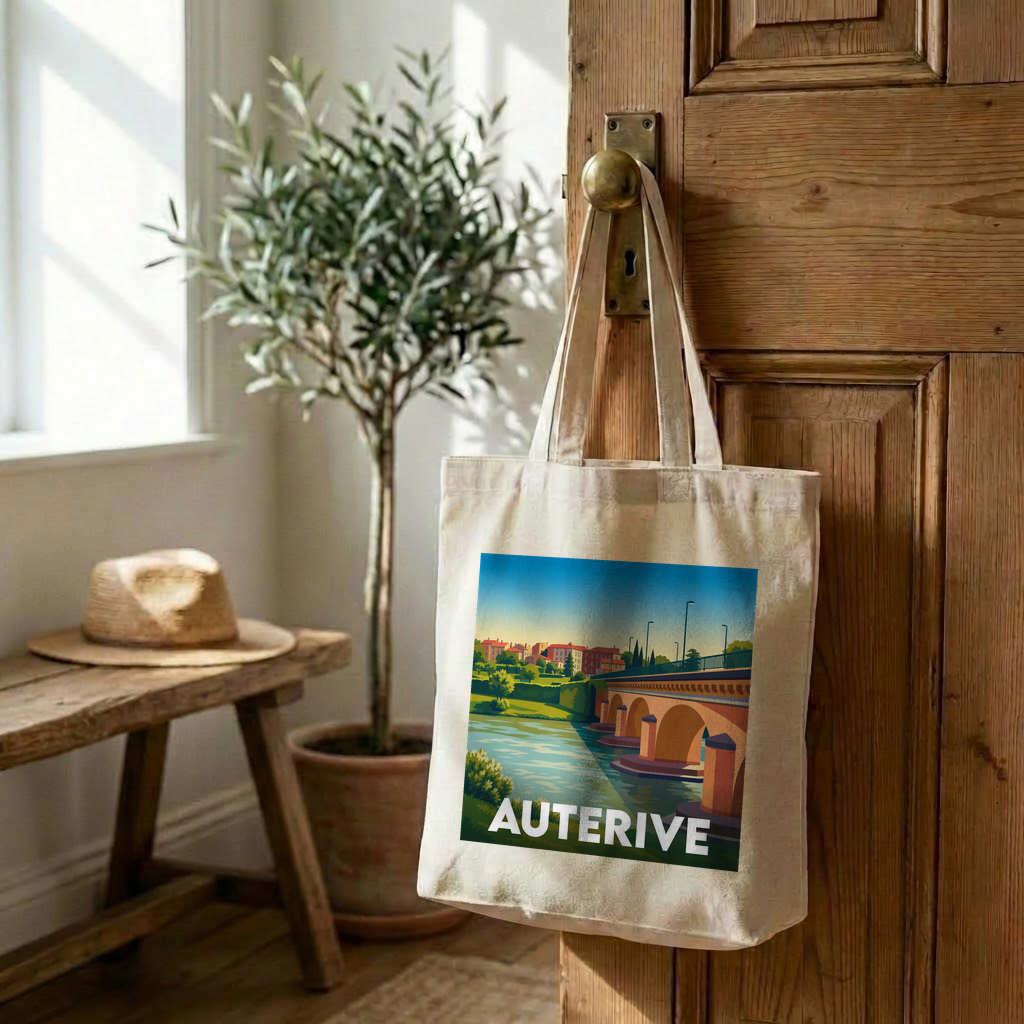 Tote bag souvenir de la ville d'Auterive avec une illustration stylisée d'un pont enjambant une rivière.