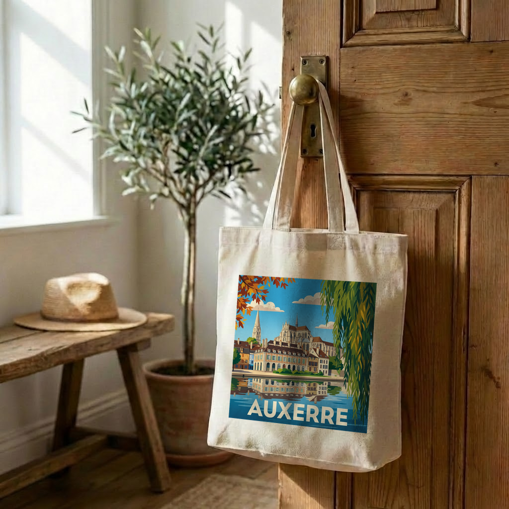 Tote bag souvenir de la ville d'Auxerre avec une illustration stylisée.