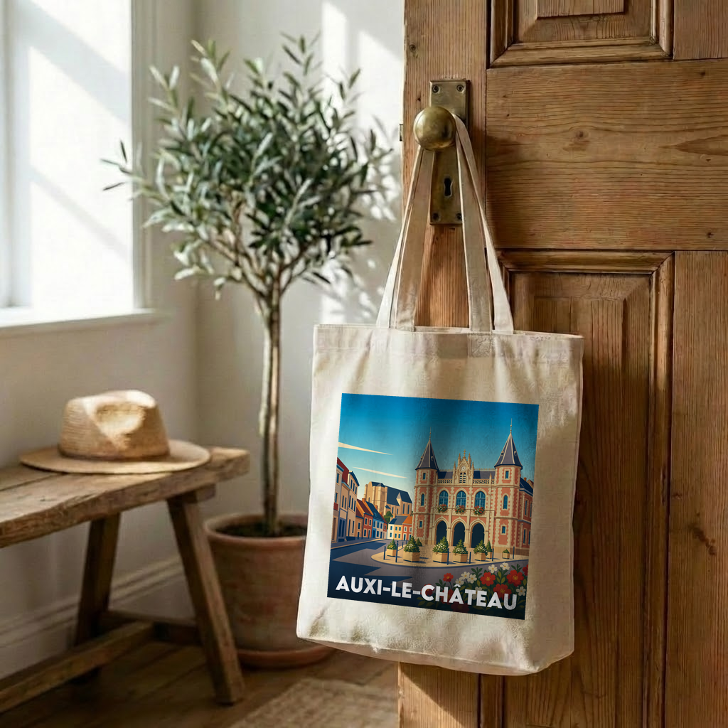 Tote bag souvenir de la ville d'Auxi-le-Château avec une illustration stylisée.