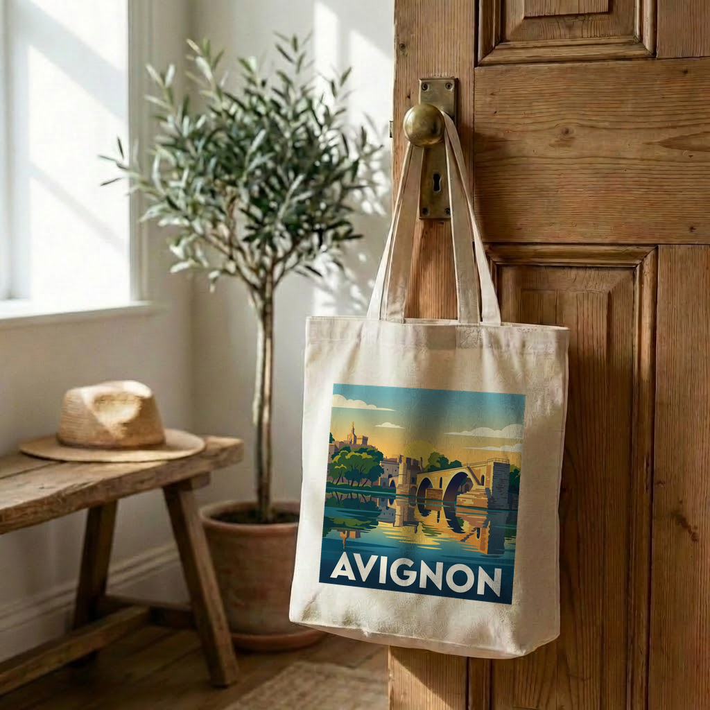 Tote bag souvenir de la ville d'Avignon avec une illustration stylisée.