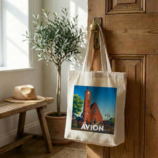 Tote bag souvenir de la ville d'Avion avec une illustration stylisée de son église.