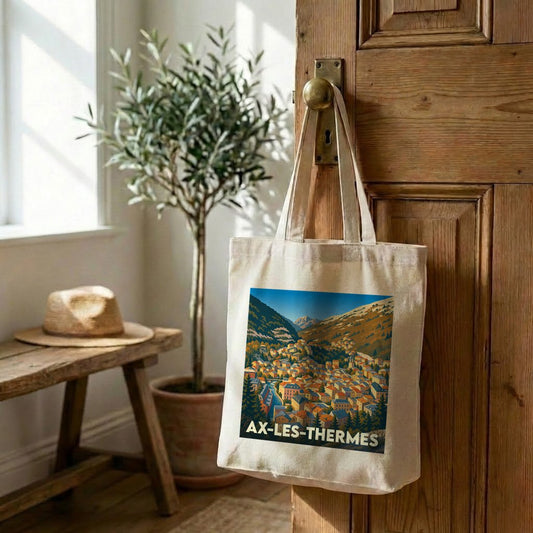 Tote bag souvenir de la ville d'Ax-les-Thermes avec une illustration stylisée de la commune en montagne.