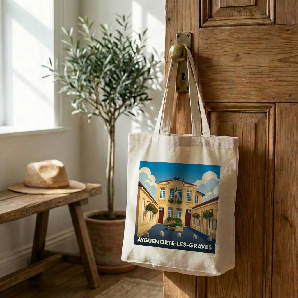 Tote bag souvenir de la ville d'Ayguemorte-les-Graves avec une illustration stylisée.
