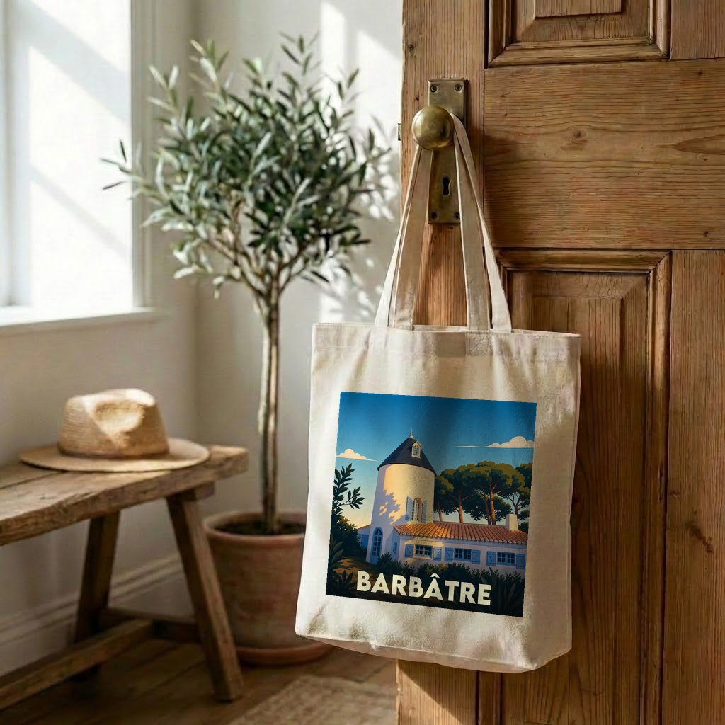 Tote bag souvenir de la ville de Barbâtre avec une illustration stylisée d'un moulin.