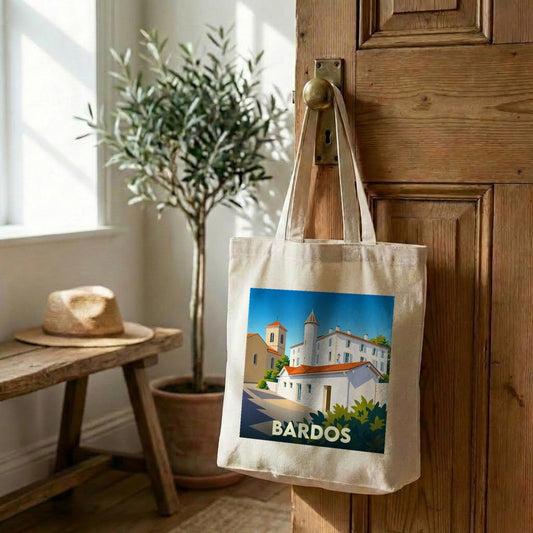 Tote bag souvenir de la ville de Bardos orné d'une illustration stylisée.