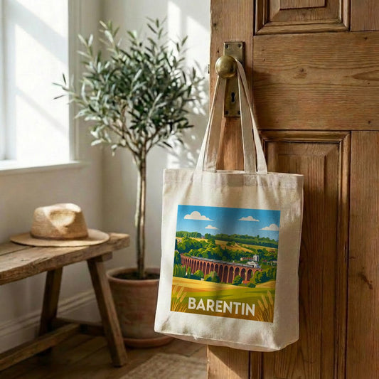 Tote bag souvenir de la ville de Barentin avec une illustration stylisée.