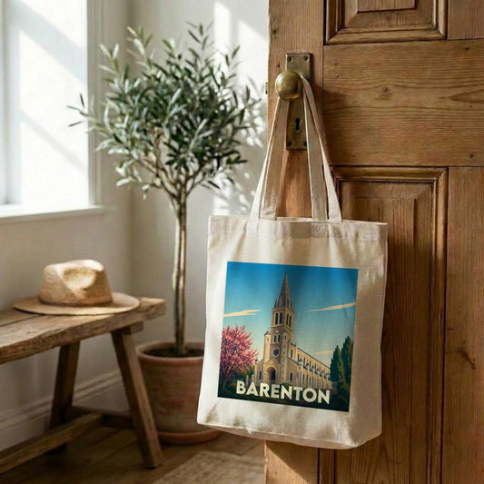 Tote bag souvenir de la ville de Barenton avec une illustration stylisée.
