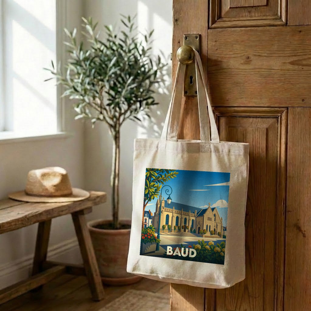 Tote bag souvenir de la ville de Baud avec une illustration stylisée de son église.