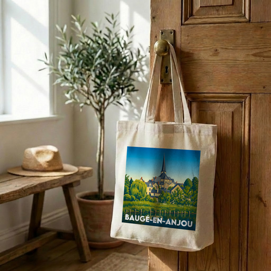 Tote bag souvenir de la ville de Baugé-en-Anjou orné d'une illustration stylisée.